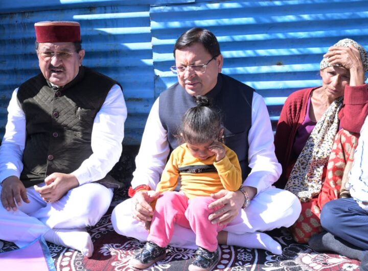 Chief Minister Pushkar Singh Dhami meeting disaster-affected people in Bhaur village under Vasukedar area of Rudraprayag district.
